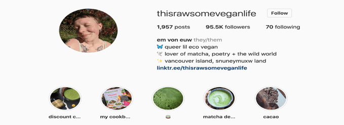Emily influencing her followers with cookbook to promote vegan lifestyle