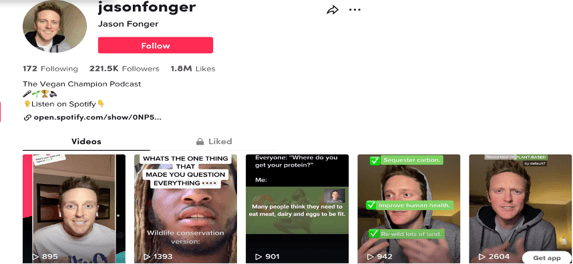 Jason Fonger makes tiktok videos on Vegan lifestyle